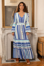 Load image into Gallery viewer, Simone geometric print dress, V -neck with balloon sleeves
