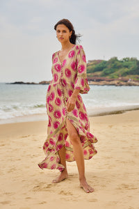 Long symmetrical dress with coral print with lurex, openwork detail